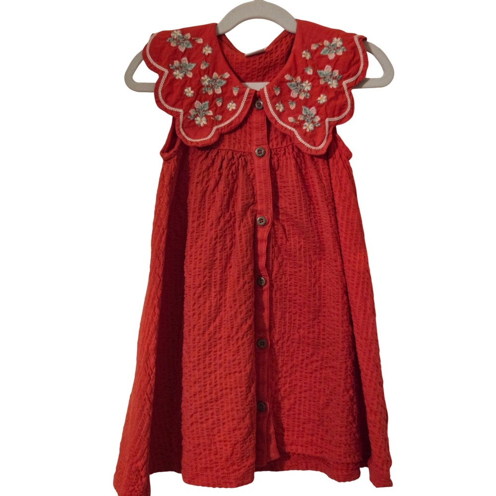 Next Kids Red Seersucker Embroidered Collar Dress 2-3 Years N13-167-383